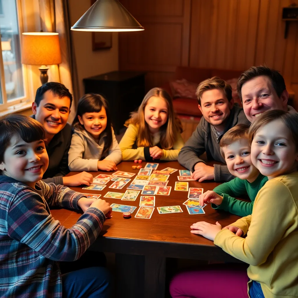 Family playing a custom card game together at the dinner table