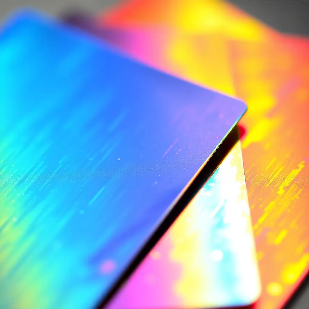 Iridescent edge of a printed card showing gloss finish